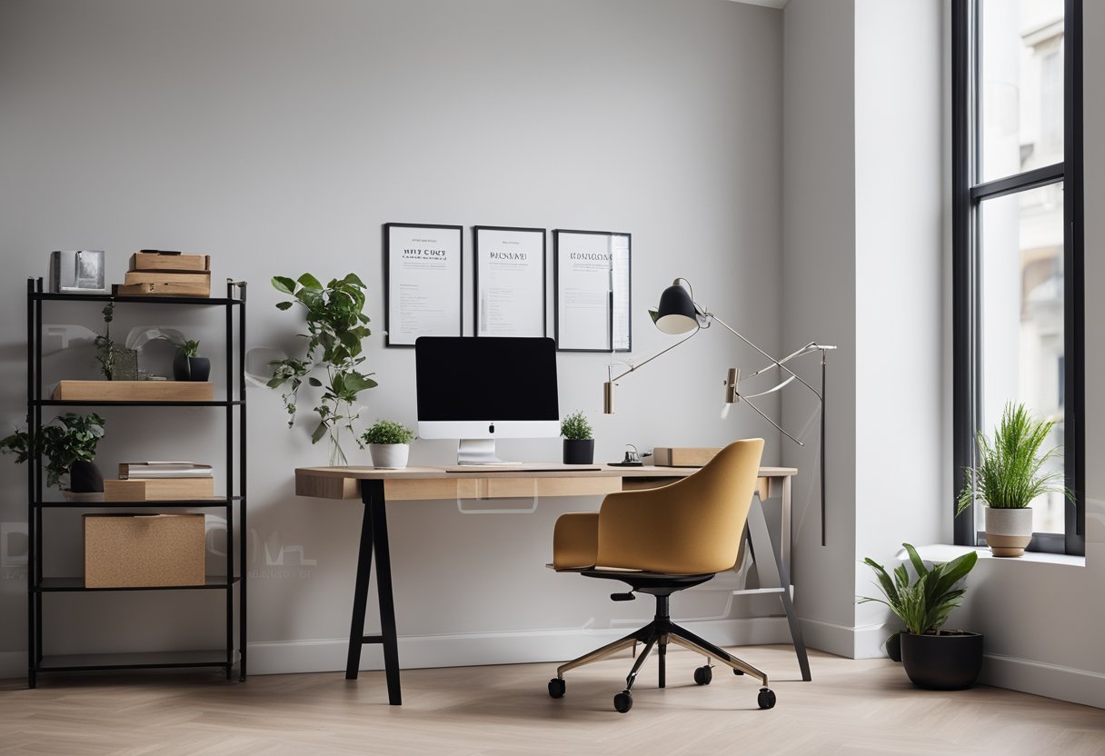 A modern, minimalist office space with a sleek desk, computer, and a wall adorned with various interior design project names