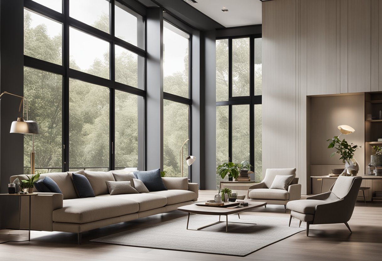 A modern living room with sleek furniture, clean lines, and a neutral color palette. Large windows allow natural light to fill the space, creating a sense of openness and tranquility