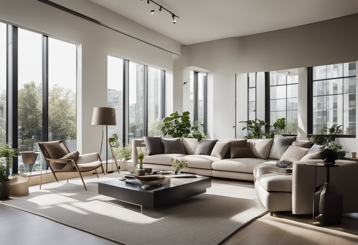 A modern 5-room interior with sleek furniture, neutral color palette, and ample natural light streaming through large windows