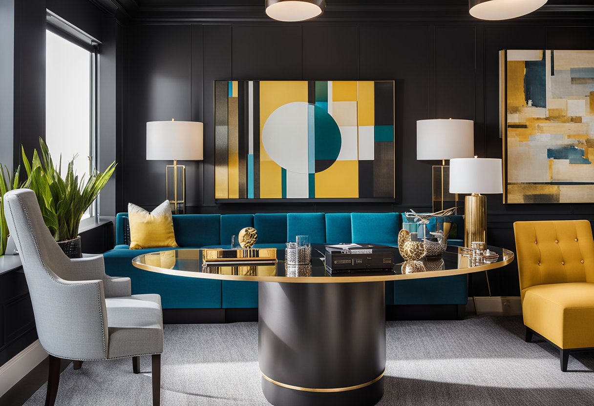 Leonard Lee's interior designs showcased in a sleek, modern office space with elegant furniture and vibrant color schemes. His awards and accolades displayed prominently on the walls