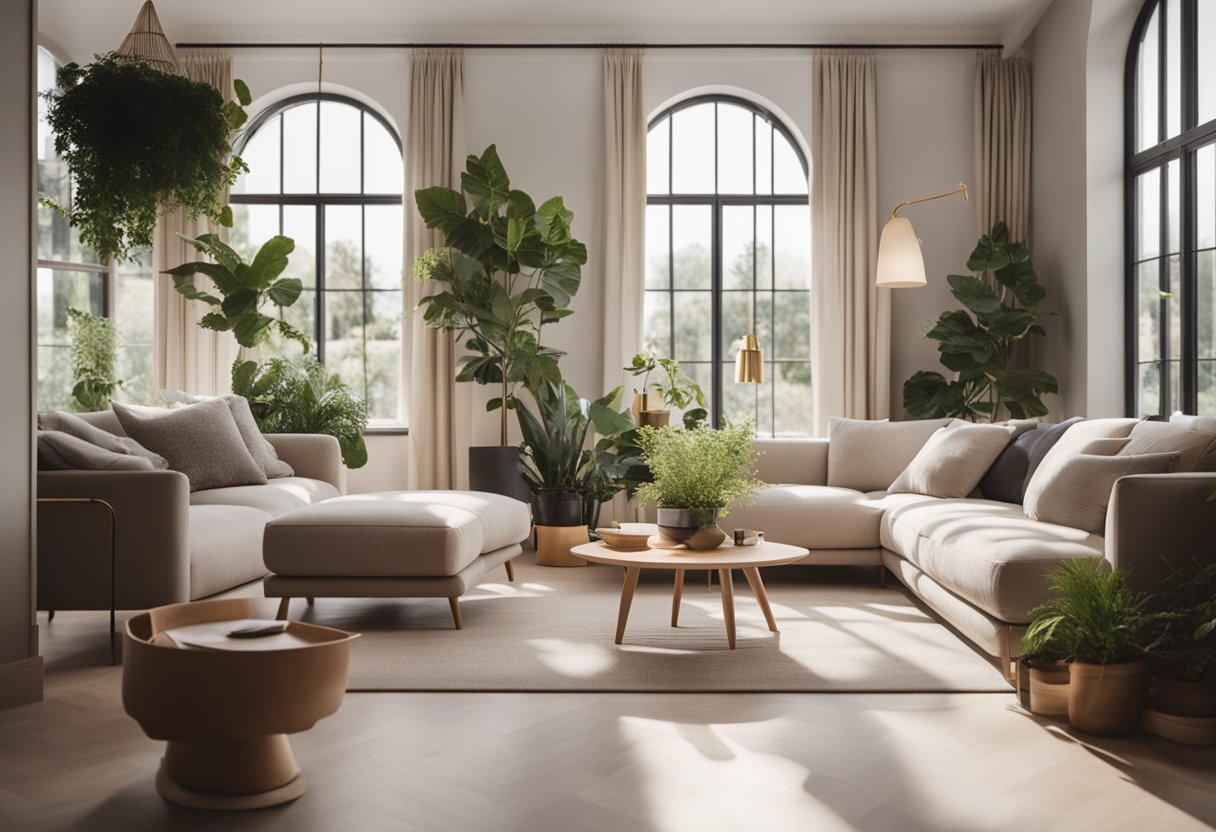 A cozy single storey interior with modern furniture, soft lighting, and a neutral color palette. Large windows let in natural light, and potted plants add a touch of greenery