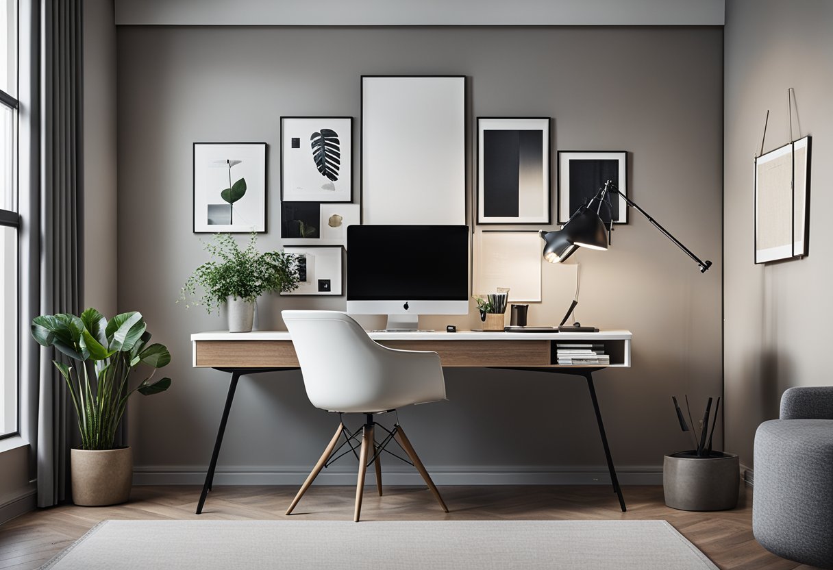 Leonard Lee's office: modern, clean lines, minimalist decor. A sleek desk with a computer, design books, and a mood board on the wall