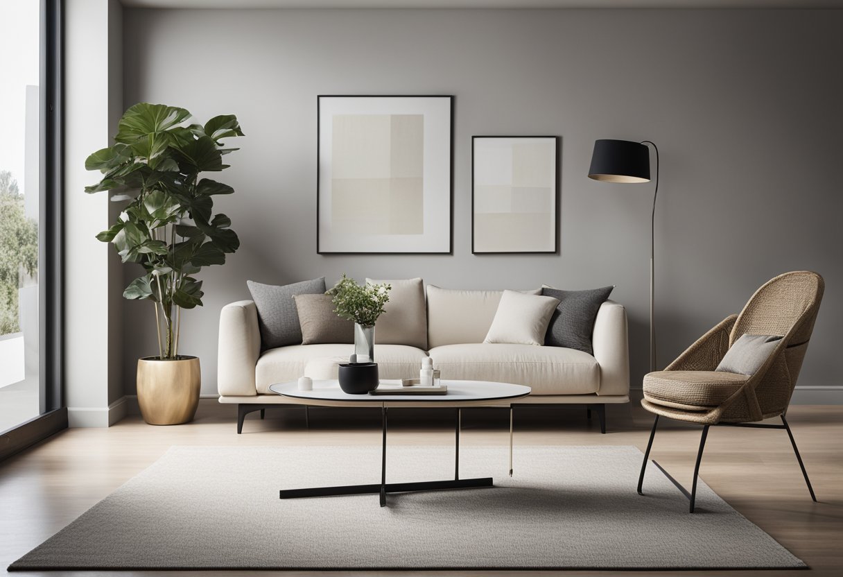 A minimalistic living room with clean lines, neutral colors, and uncluttered surfaces. A single piece of modern artwork serves as the focal point, complemented by simple, functional furniture