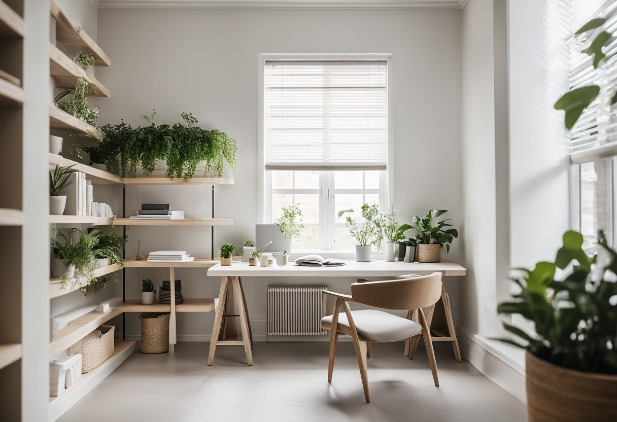 A small office with a minimalist desk, shelves, and a cozy reading nook with a comfortable chair and a small table. The space is bright with natural light and features a neutral color palette with pops of greenery