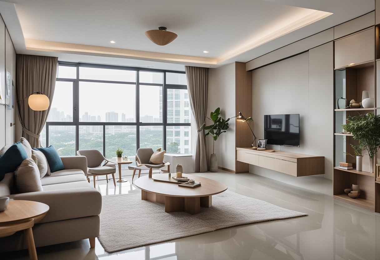 A spacious and airy 5-room HDB interior with sleek and minimalist furniture, large windows allowing natural light, and a neutral color palette for a modern and functional design