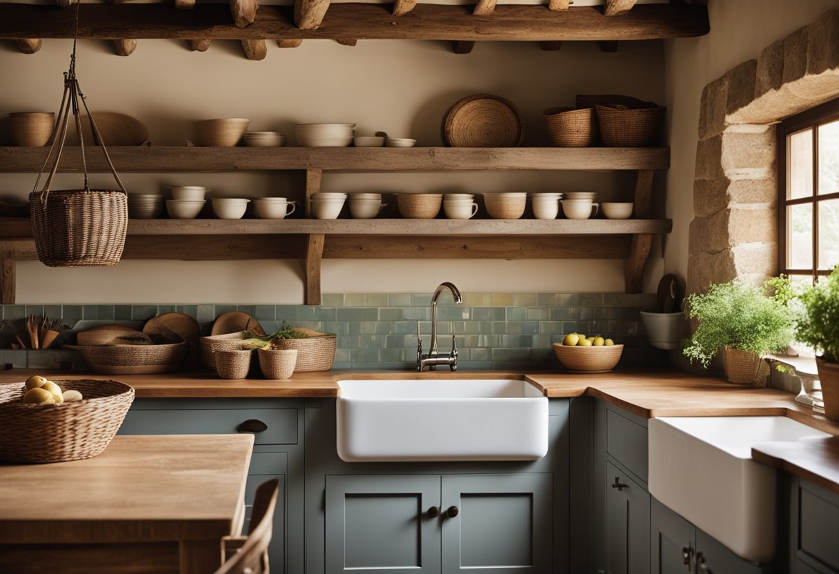 A cozy kitchen with exposed wooden beams, stone walls, and vintage farmhouse decor. A large farmhouse sink sits beneath a window, while open shelves display rustic pottery and woven baskets