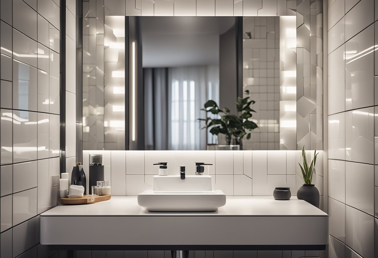 A modern toilet interior with sleek white fixtures, geometric tiles, and soft lighting. A large mirror hangs above the sink, reflecting the clean and minimalist design