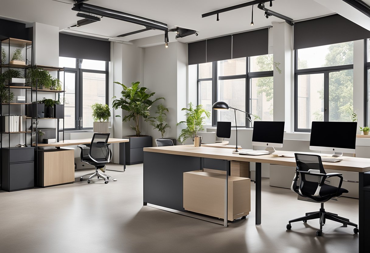 The office interior features sleek, multi-functional furniture and clever storage solutions, maximizing space and functionality. A neutral color palette and strategic lighting create a modern, inviting atmosphere