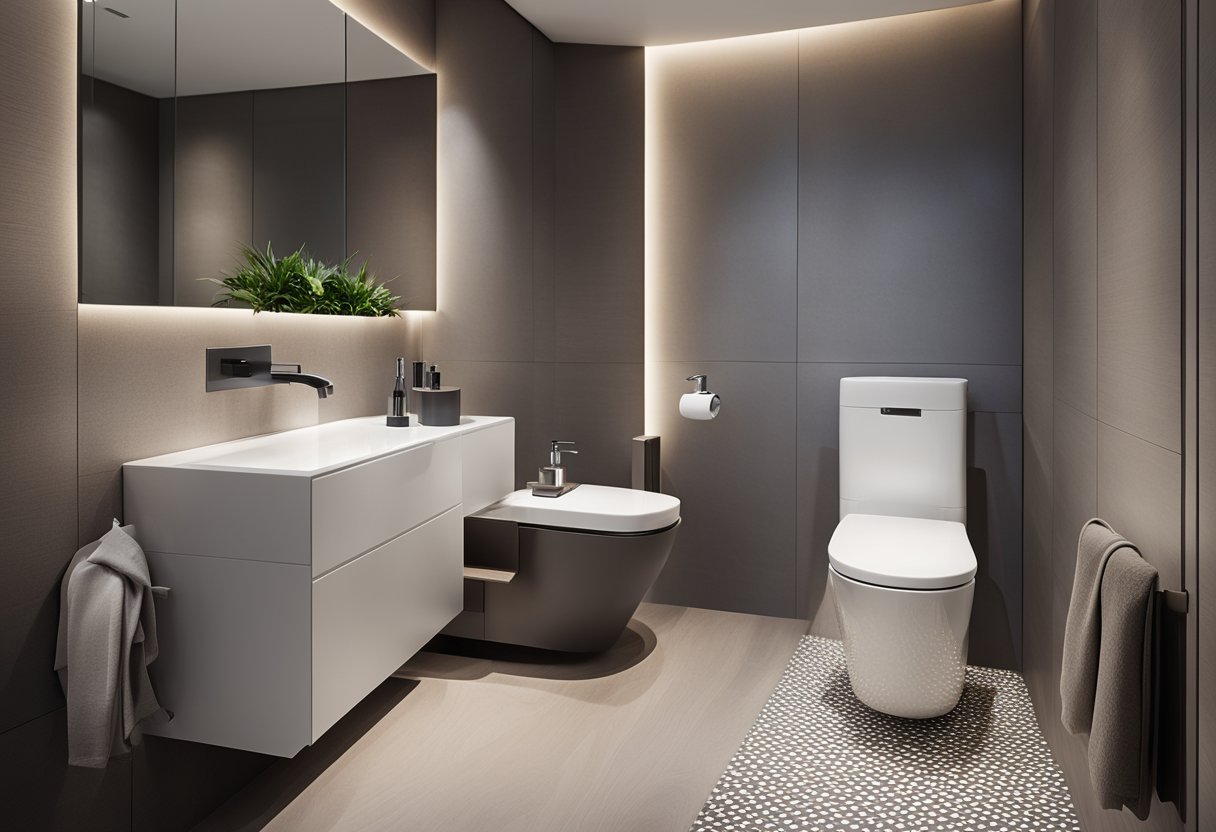 A modern, sleek toilet interior with clean lines, minimalist fixtures, and soft lighting. A floating toilet and bidet, with a spacious, tiled shower area