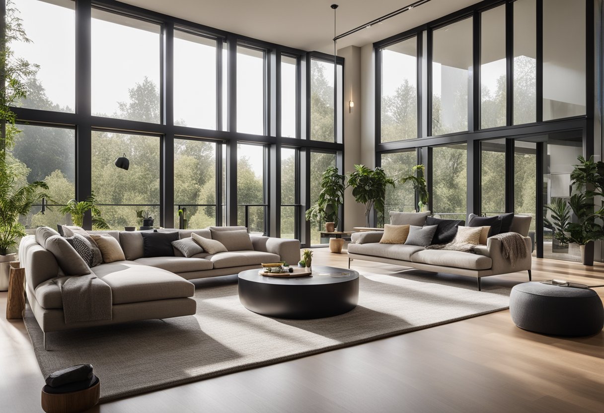 A spacious living room with high ceilings, large windows, and minimalist furniture. Natural light floods the room, highlighting the clean lines and open layout