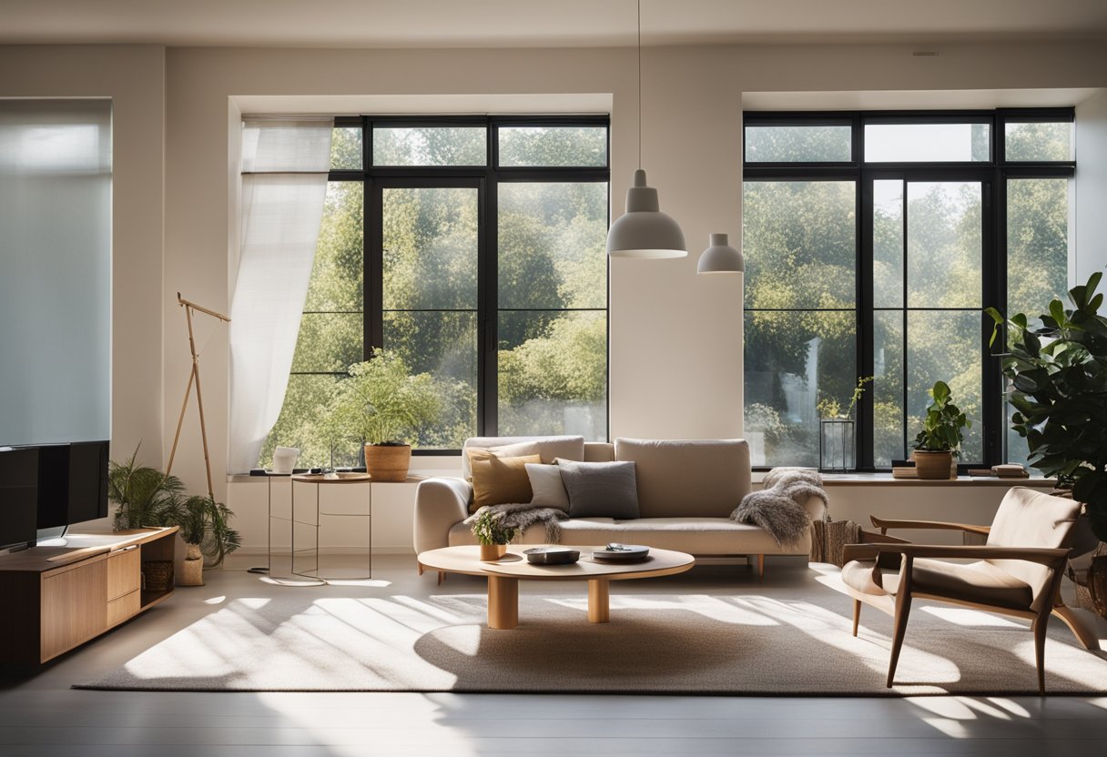 A cozy room with minimal furniture, clean lines, and neutral colors. Sunlight streams through large windows, illuminating the uncluttered space