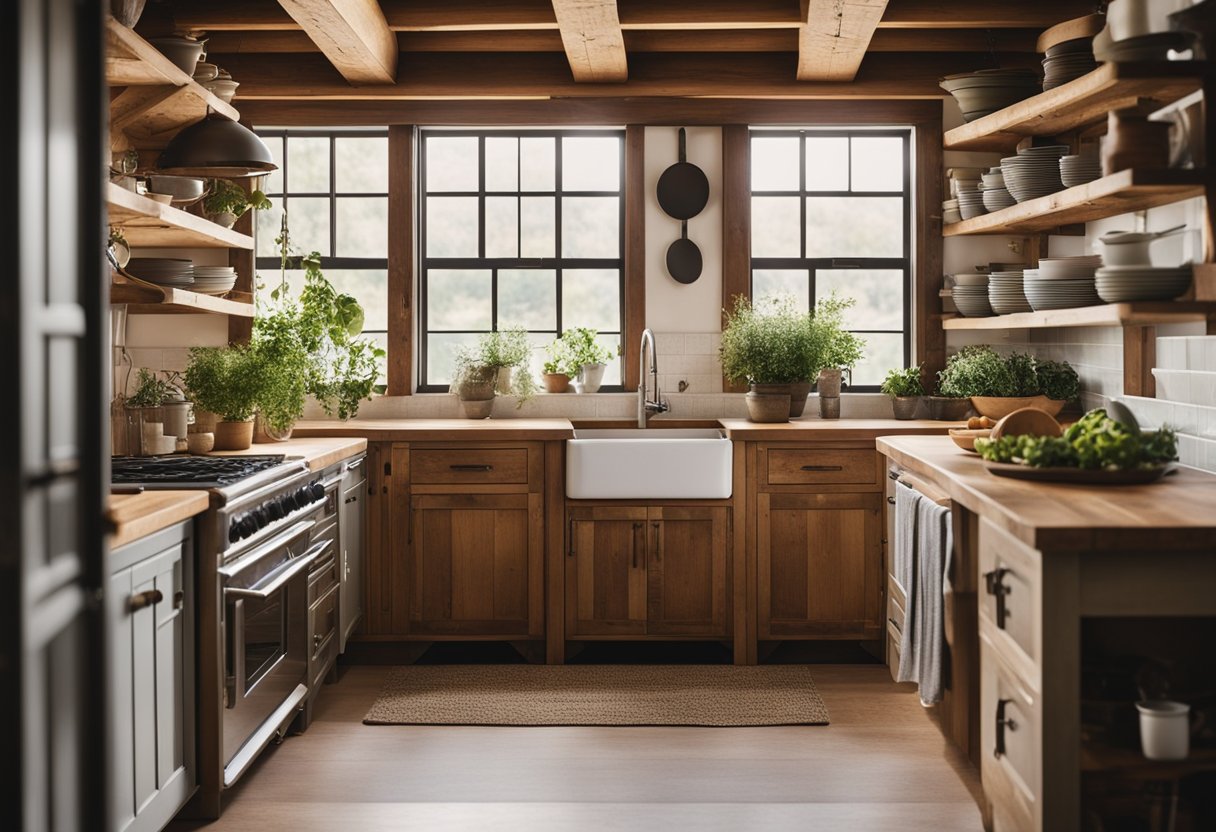 A cozy kitchen with wooden cabinets, exposed beams, and vintage decor. A large farmhouse sink sits beneath a window, letting in natural light