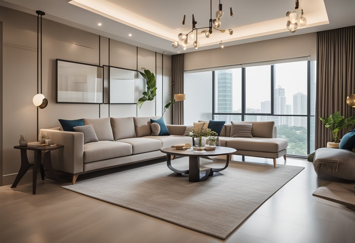 A spacious 5-room HDB flat with modern interior design. Neutral color palette, clean lines, and functional layout. Open concept living and dining area with natural light