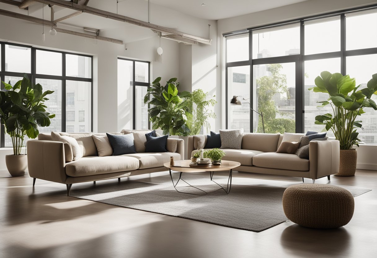A spacious, well-lit room with modern furniture and neutral color scheme. A large, comfortable sofa sits in the center, surrounded by stylish décor and plants. Multiple windows allow natural light to fill the space
