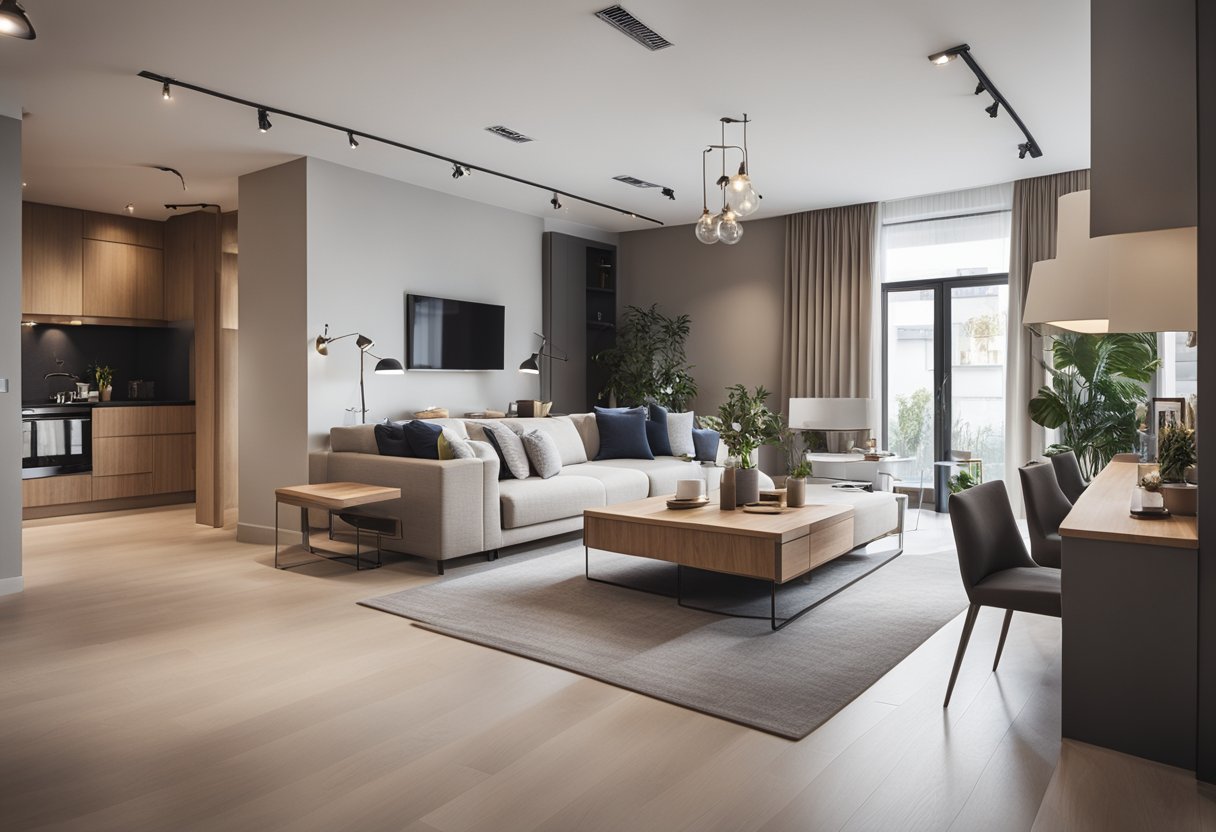 A spacious, well-lit single-storey interior with modern furniture, neutral color palette, and open floor plan. A cozy living area, functional kitchen, and stylish dining space create a seamless and inviting environment