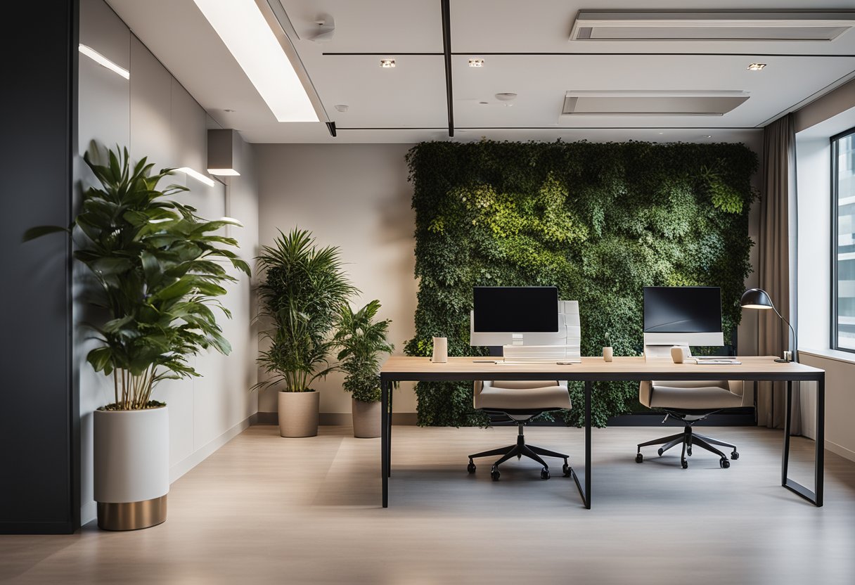 Sleek, modern office with minimalist furniture, natural light, and pops of greenery. Clean lines, neutral colors, and warm lighting create a cozy, productive atmosphere