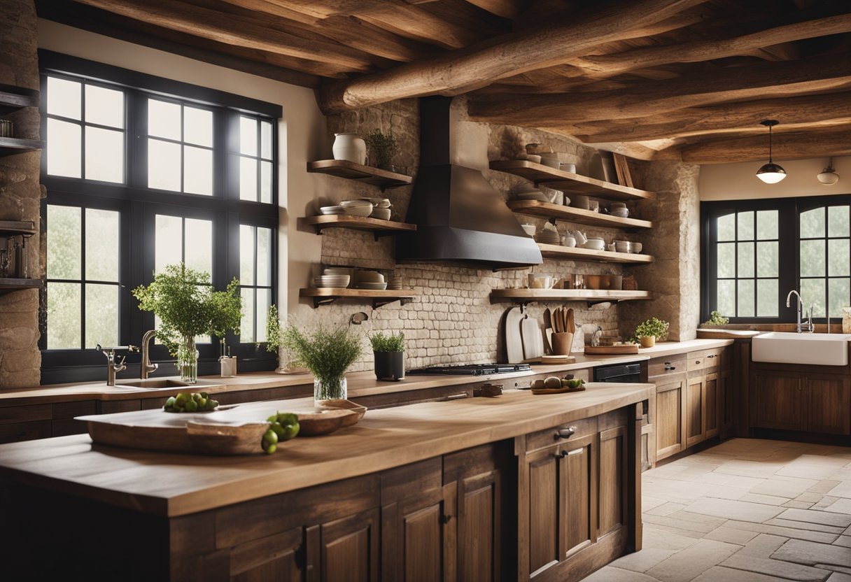 A rustic kitchen with exposed wooden beams, stone countertops, and vintage farmhouse decor
