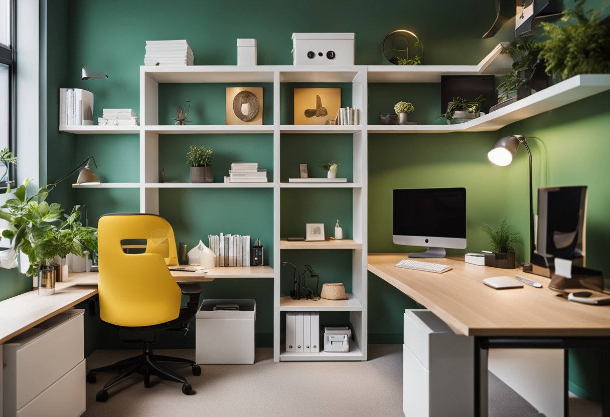 A cozy office with bright, space-saving furniture and clever storage solutions. Vibrant colors and motivational decor add energy to the small space