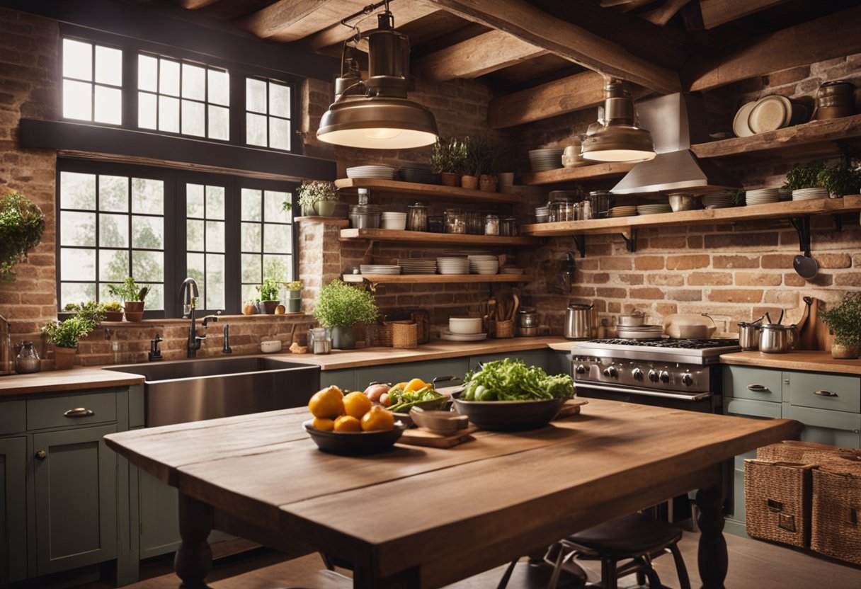 A cozy kitchen with wooden beams, exposed brick walls, and vintage appliances. Rustic shelves hold mason jars and cookbooks. A farmhouse table is set for a family meal