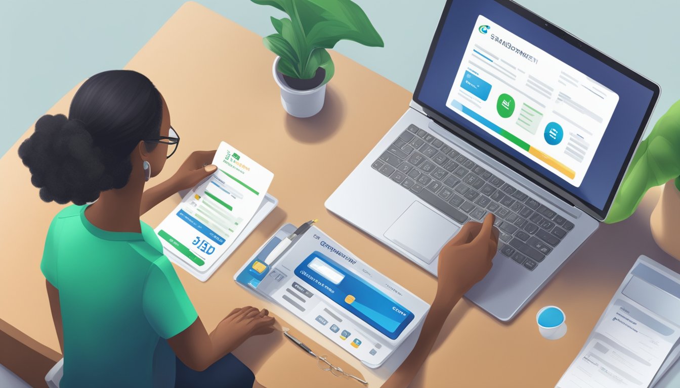 A person making a payment online using a laptop or smartphone with a Standard Chartered personal loan statement and a credit/debit card in hand