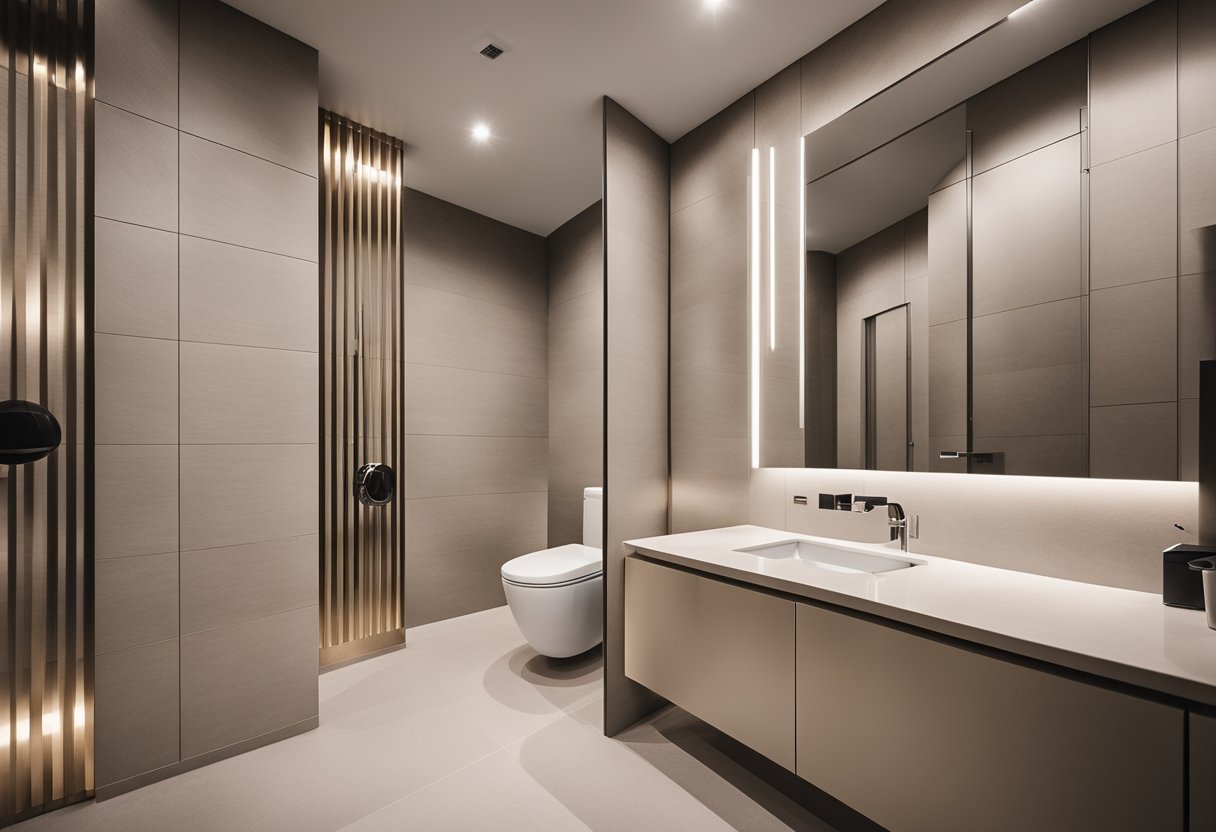 A modern toilet interior with clean lines, neutral colors, and ample lighting. The design includes sleek fixtures, a spacious layout, and thoughtful storage solutions