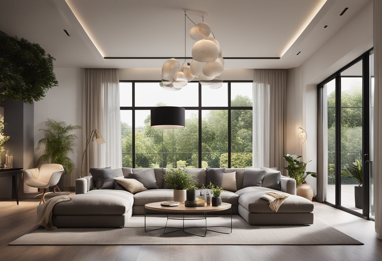 A modern, spacious living room with sleek furniture, warm lighting, and a large window offering a view of a lush garden