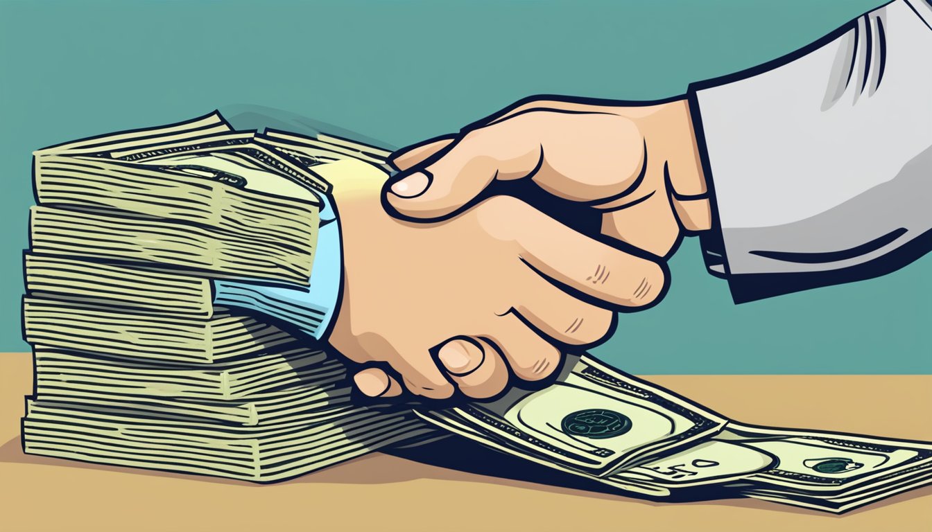 A stack of cash and a handshake symbolizing a personal loan for a business startup