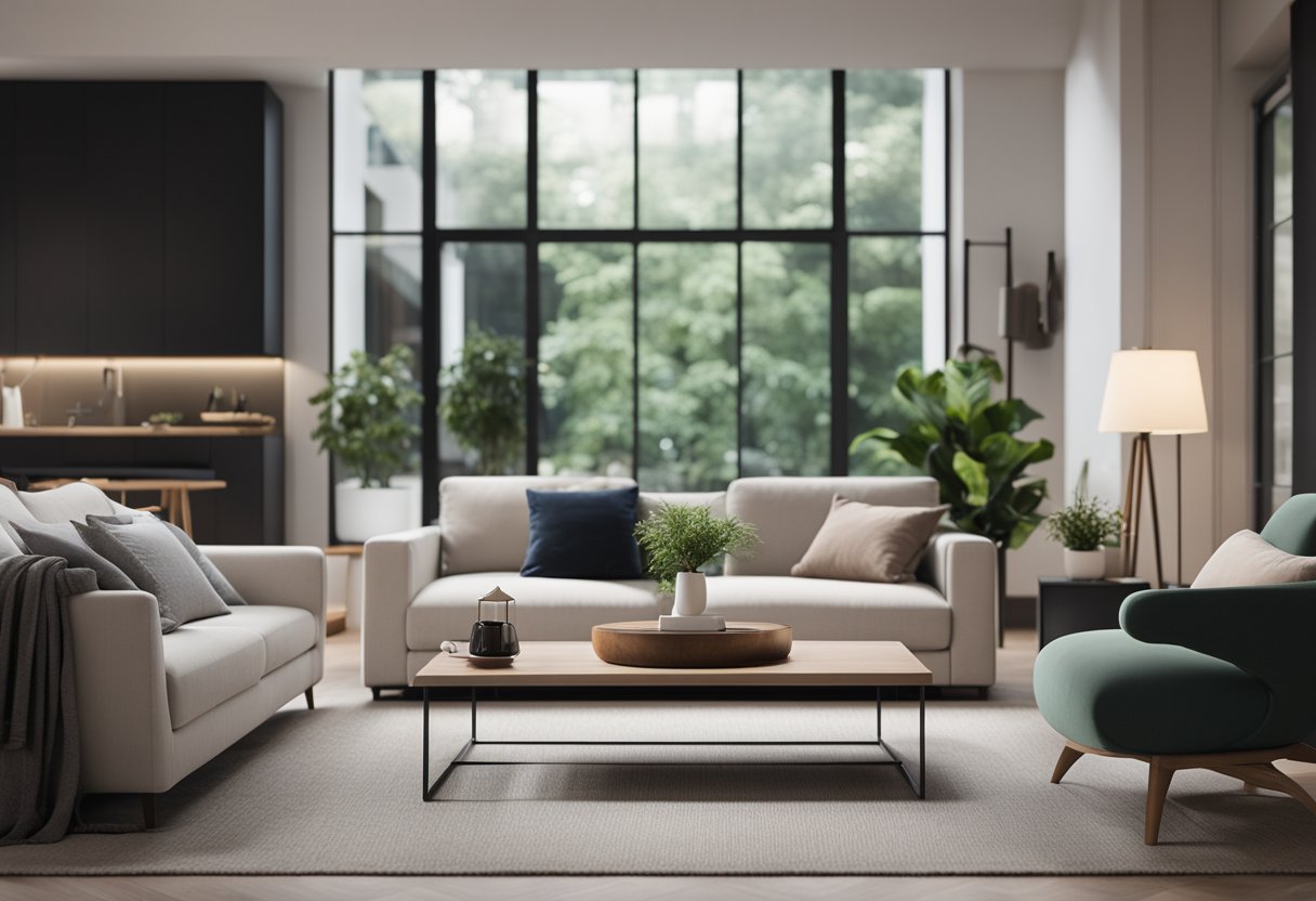 A cozy living room with a modern, minimalist design. A sleek, functional app interface displayed on a tablet, with stylish furniture and decor in the background