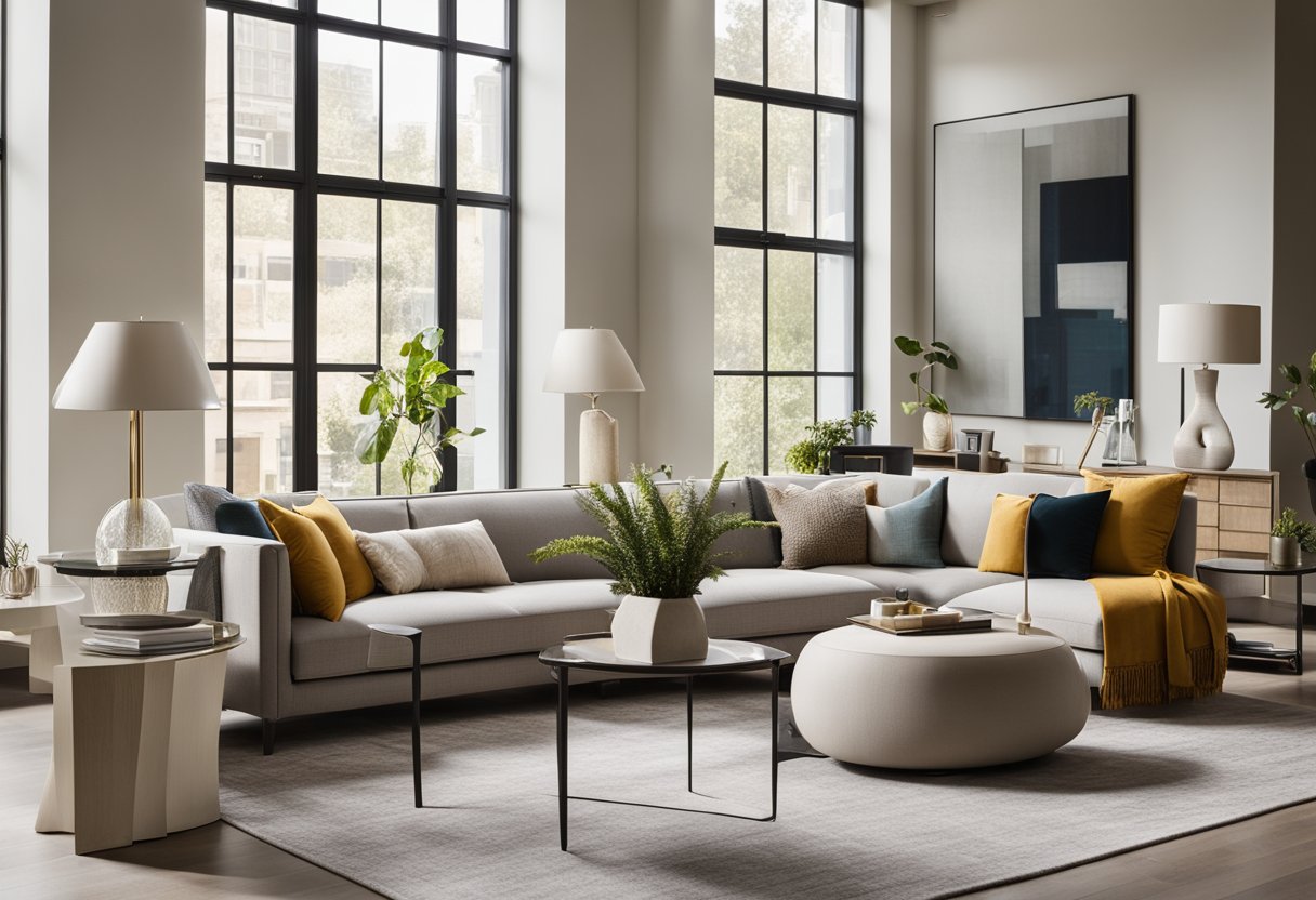 A modern living room with a neutral color palette, sleek furniture, and plenty of natural light streaming in through large windows. Accessories and artwork add pops of color and personality to the space