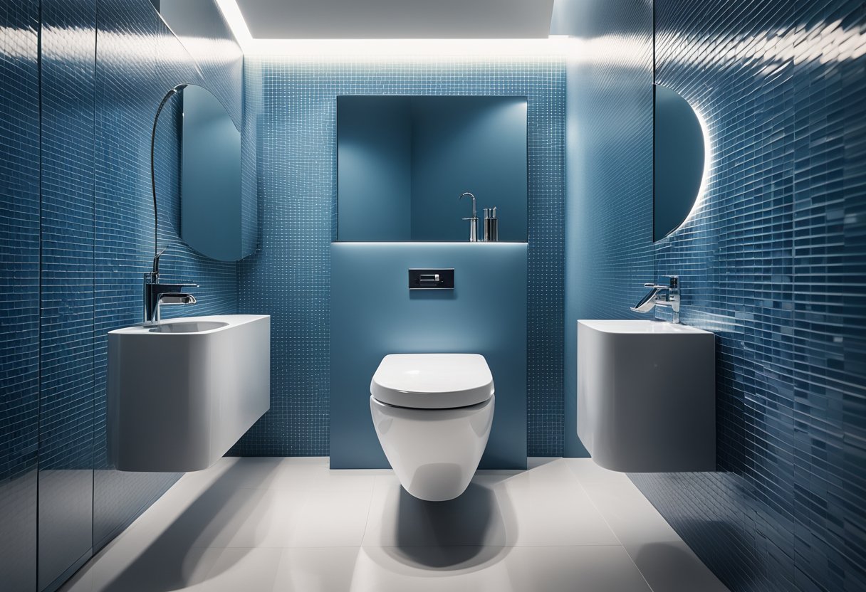 A modern toilet interior with a sleek, minimalist design. The walls are painted a calming shade of blue, and the fixtures are made of polished chrome. The lighting is soft and inviting, creating a serene atmosphere
