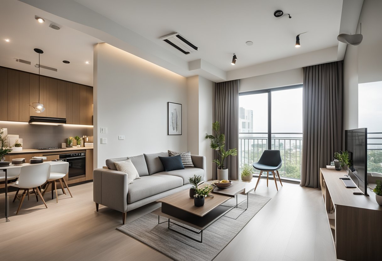 A modern 2-room HDB BTO interior: sleek furniture, neutral color palette, minimalist decor, and natural lighting