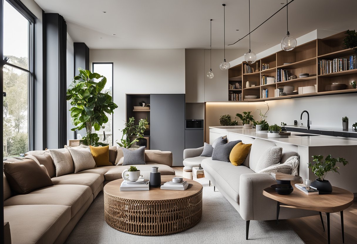A modern living room with clean lines, neutral colors, and pops of vibrant accents. A cozy reading nook with a plush chair and floor-to-ceiling bookshelves. A sleek, functional kitchen with state-of-the-art appliances and ample counter space