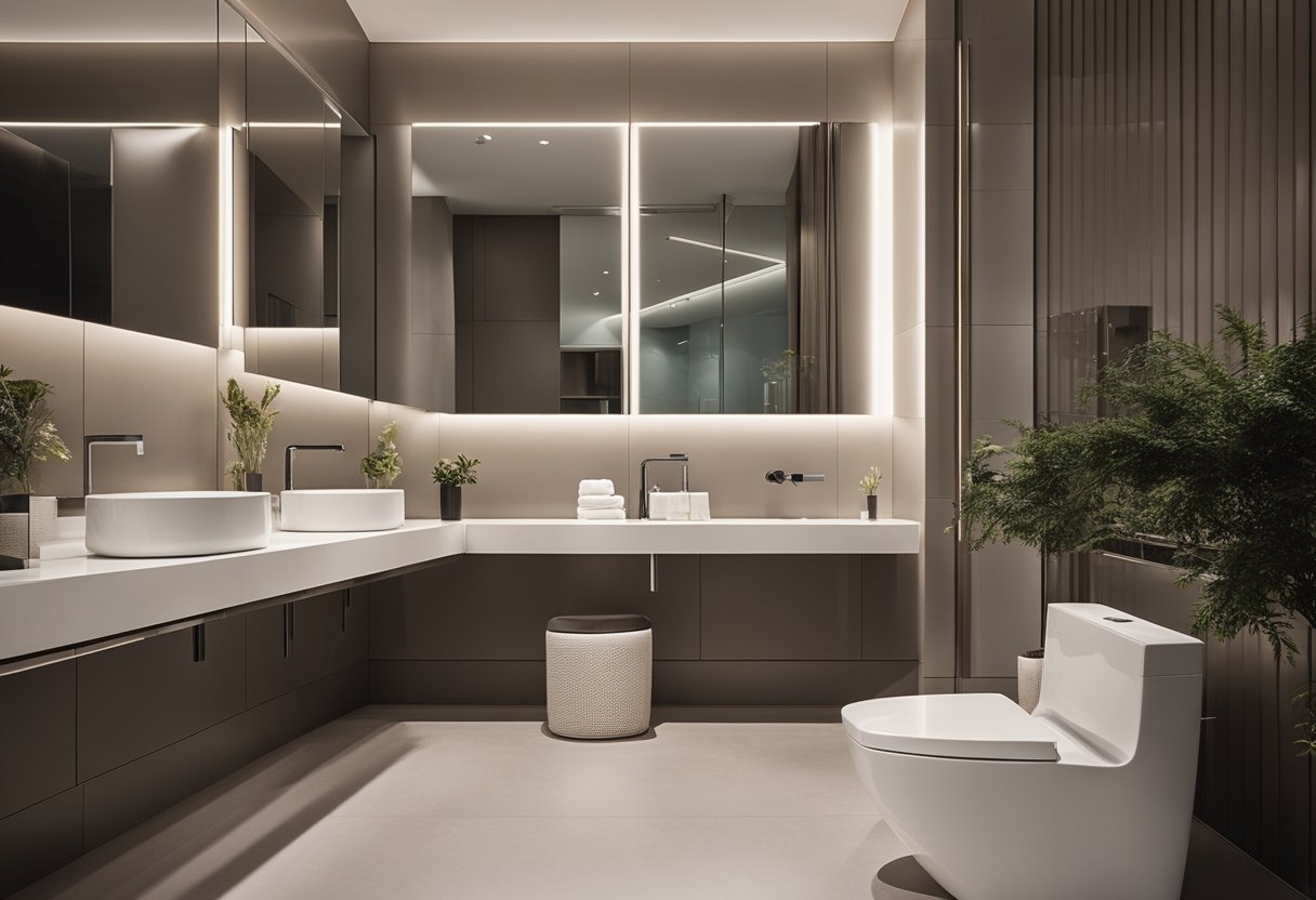 A modern toilet interior with sleek fixtures, soft lighting, and a minimalist color palette. A large mirror reflects the clean lines and spacious layout, creating a serene and luxurious atmosphere