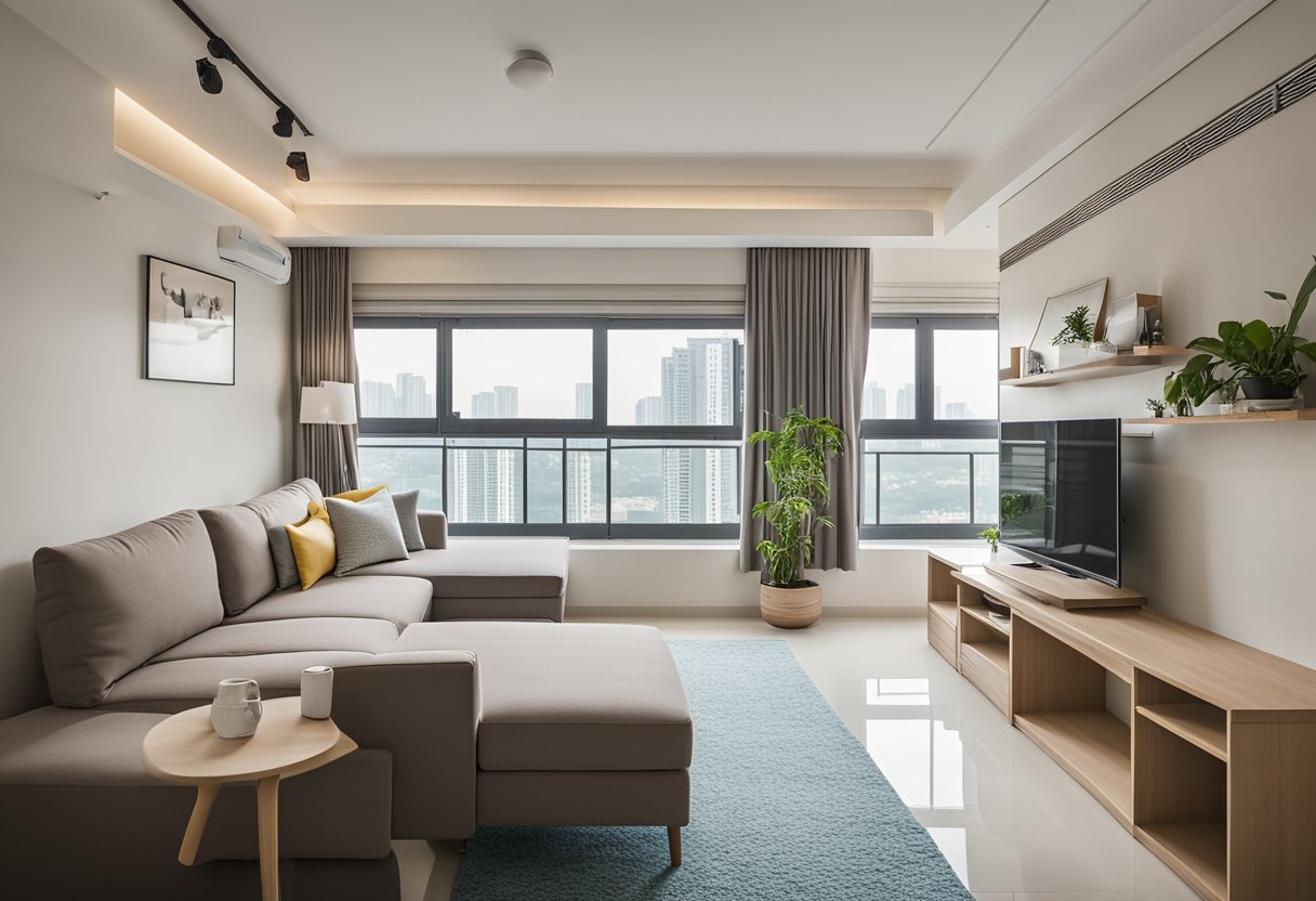 The 2-room BTO HDB flat is carefully arranged with space-saving furniture and clever storage solutions. Light-colored walls and large windows create a bright and airy atmosphere