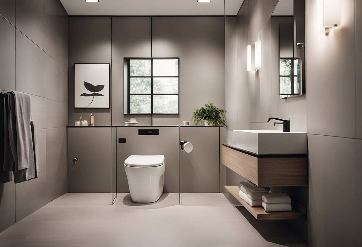 A modern, minimalist toilet interior with neutral tones, sleek fixtures, and personalized accents like monogrammed towels and custom artwork
