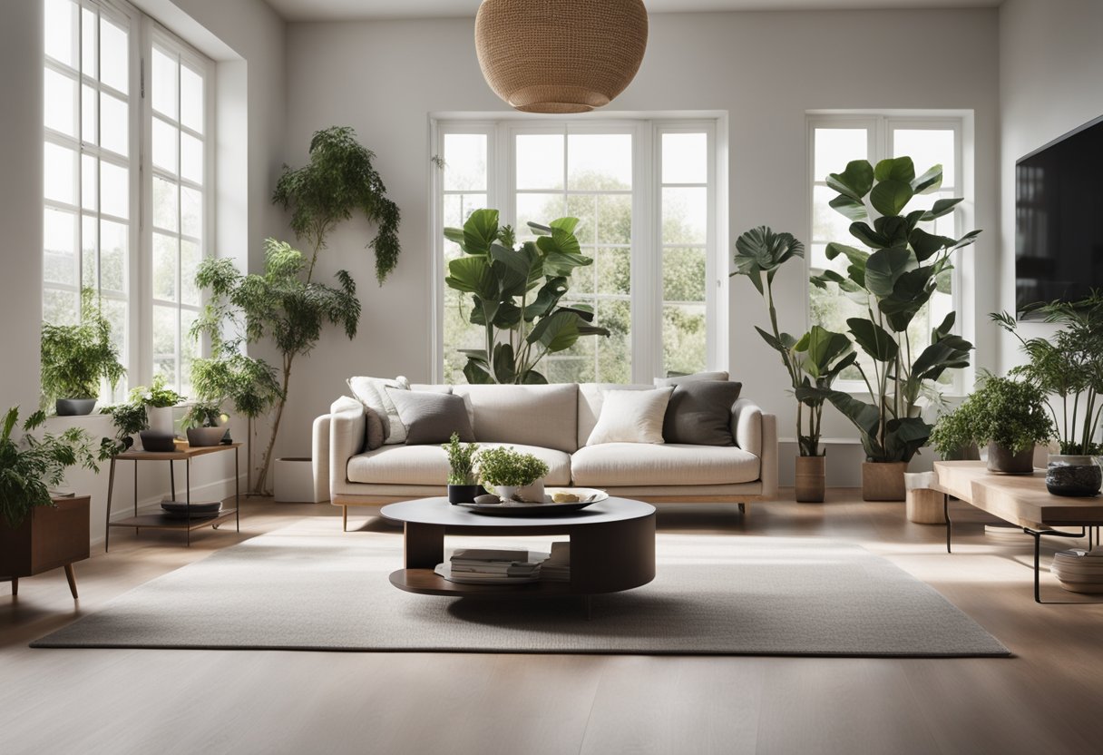 A modern, minimalist living room with sleek furniture and neutral colors. Large windows let in natural light, and potted plants add a touch of greenery