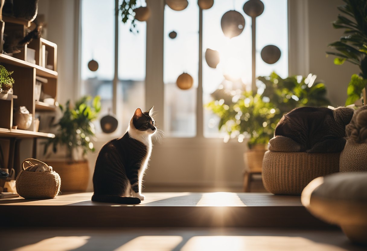 A cozy living room with cat-friendly furniture, soft cushions, and shelves filled with cat toys. Sunlight streams in through large windows, casting warm beams across the room