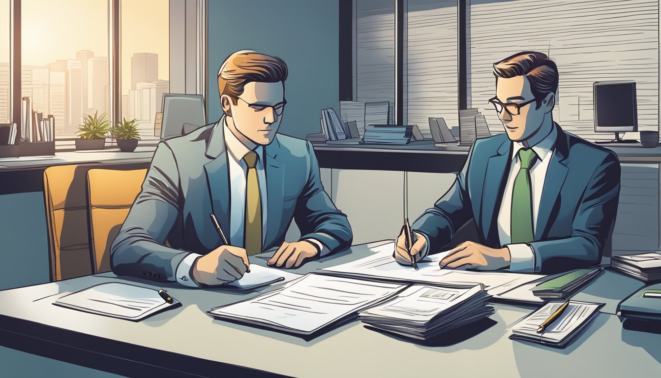 A car loan document is being signed and exchanged between two individuals at a desk in a dimly lit office