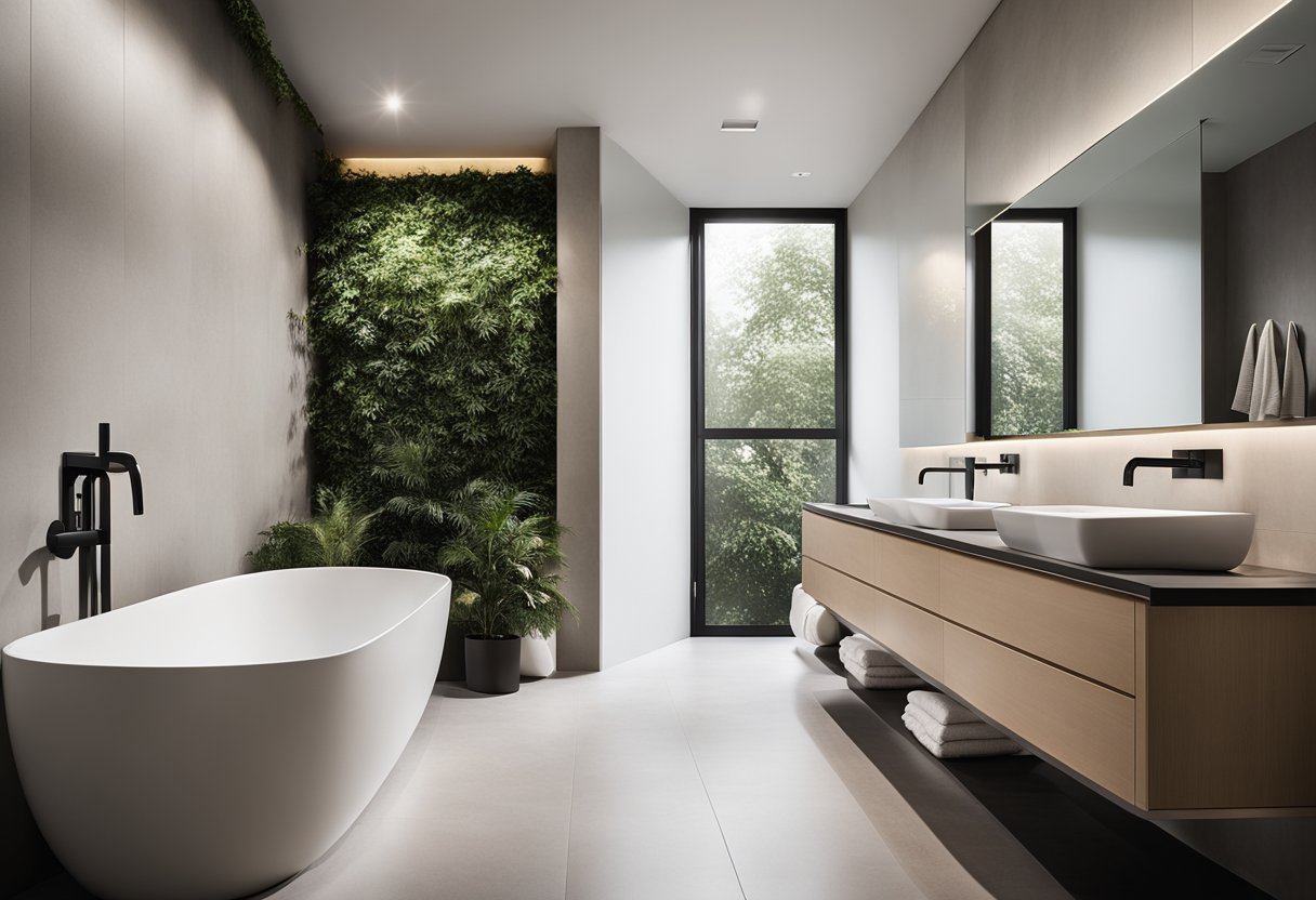 A modern, clean bathroom with sleek fixtures and neutral color palette. Minimalist design with natural light and greenery accents