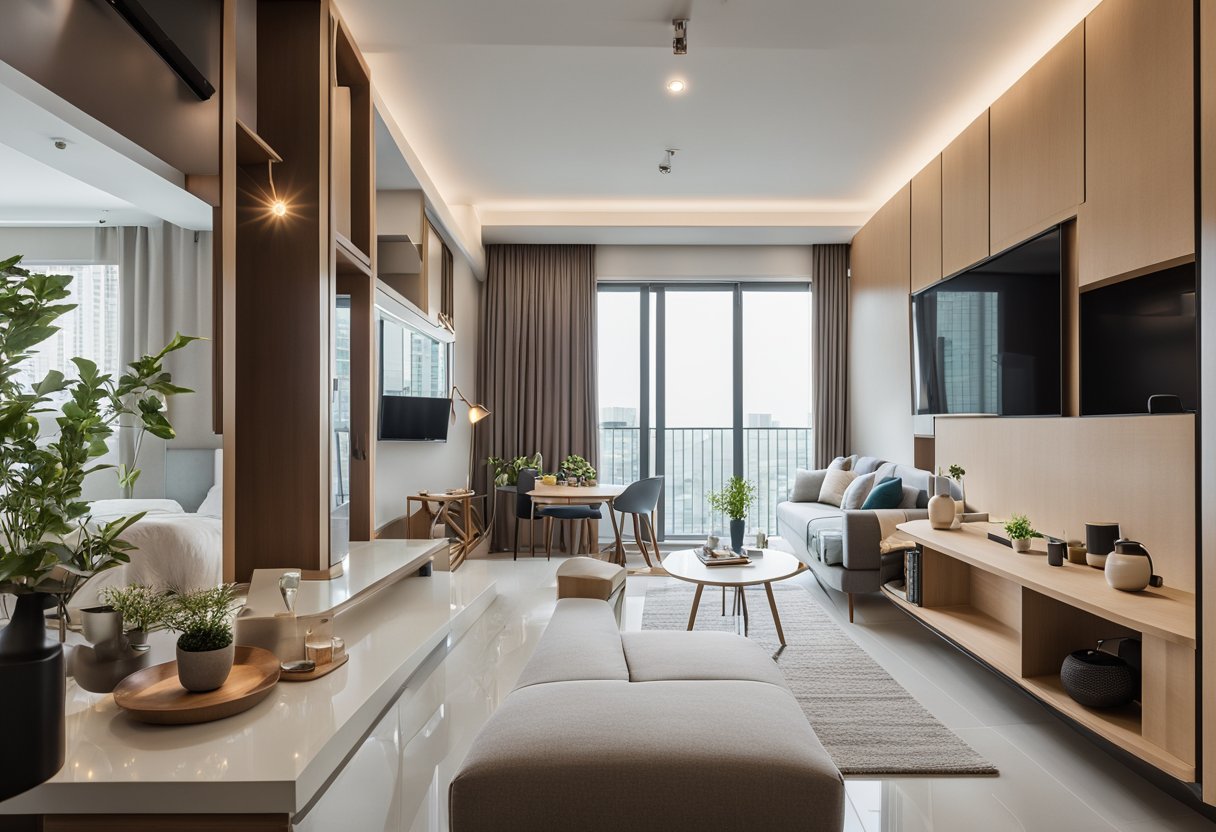 A cozy 2-room HDB BTO interior with modern furnishings and clever space-saving solutions. Clean lines, neutral colors, and plenty of natural light create a welcoming and functional living space