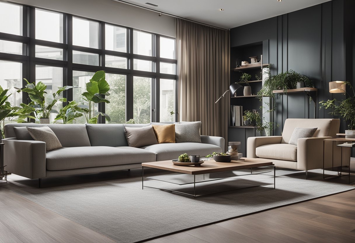 A modern living room with a minimalist color palette, clean lines, and a mix of textures in the furniture and decor