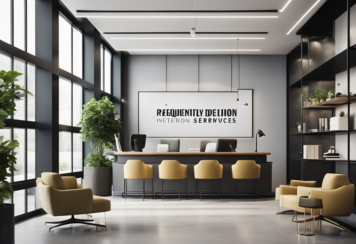 An elegant office space with a sleek desk, modern chairs, and shelves displaying stylish decor. A large sign reads "Frequently Asked Questions interior design services" above a welcoming reception area