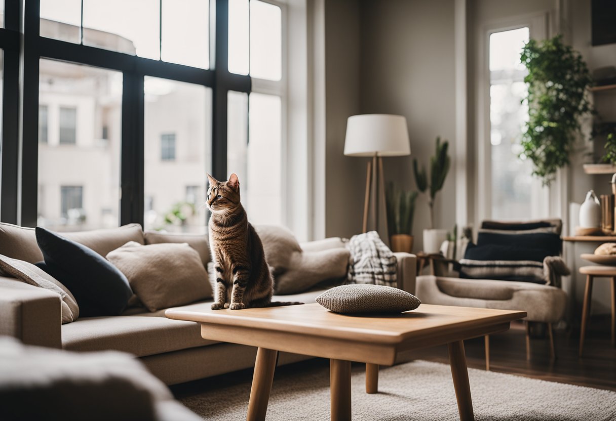 A cozy living room with cat-friendly furniture, scratching posts, and plenty of natural light streaming in through large windows
