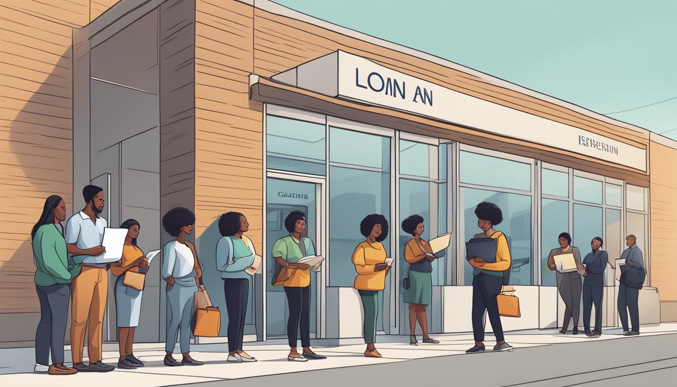A line of diverse individuals wait outside a bank, holding documents and filling out forms for a personal loan