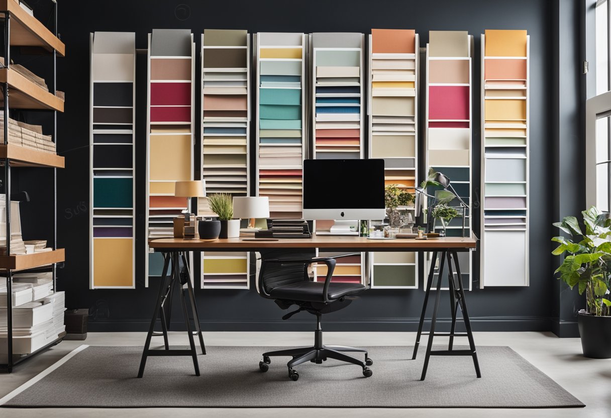 A sleek, modern office space with a large drafting table, shelves of fabric swatches, and a mood board filled with color palettes and design inspiration