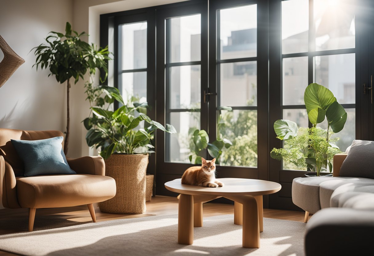 A cozy living room with cat-friendly furniture, scratching posts, and elevated perches for feline comfort. Sunlight streams in through large windows, casting warm pools of light on the soft, plush surfaces