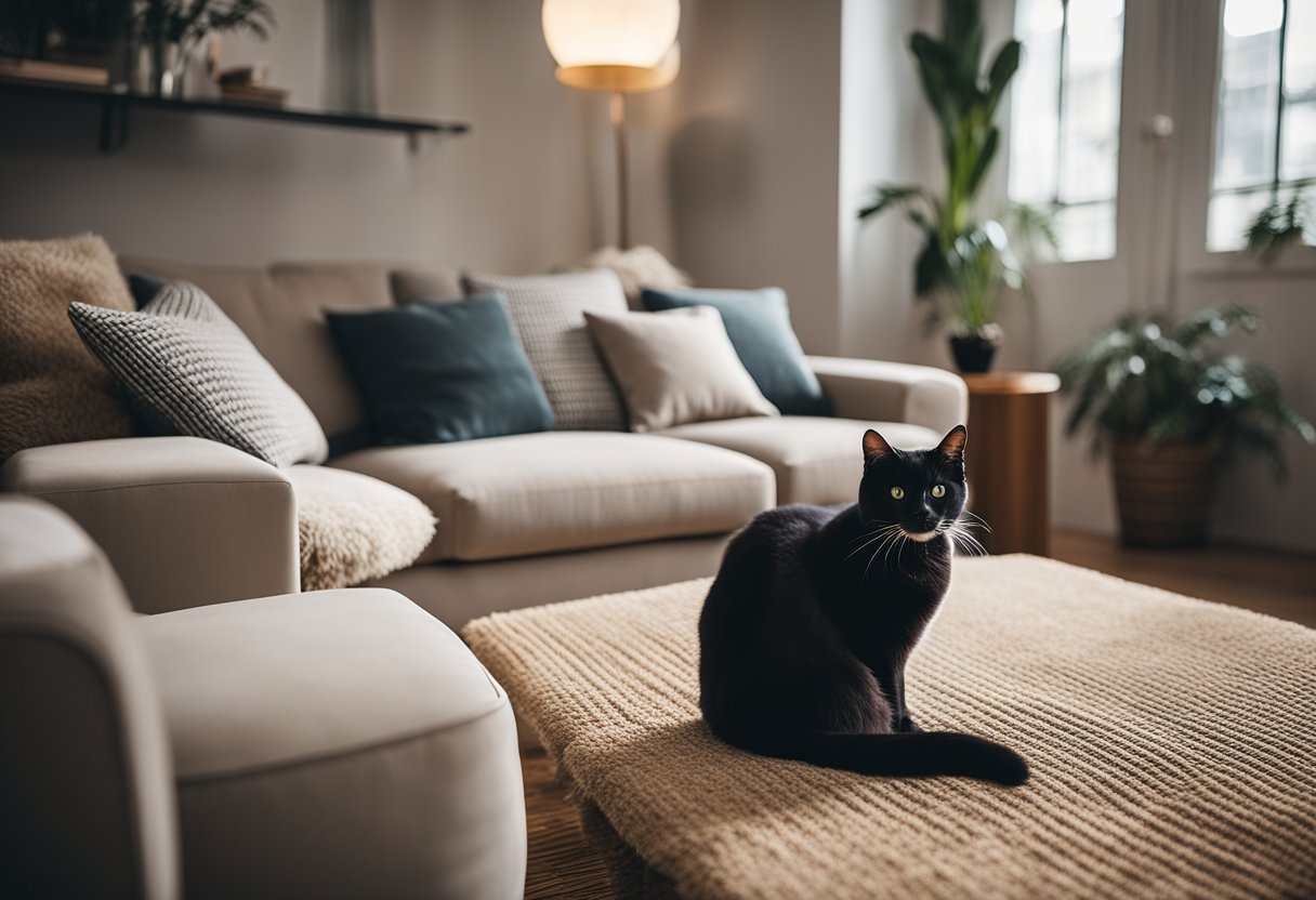 A cozy living room with cat-friendly furniture and accessories, featuring soft cushions, scratch posts, and elevated perches