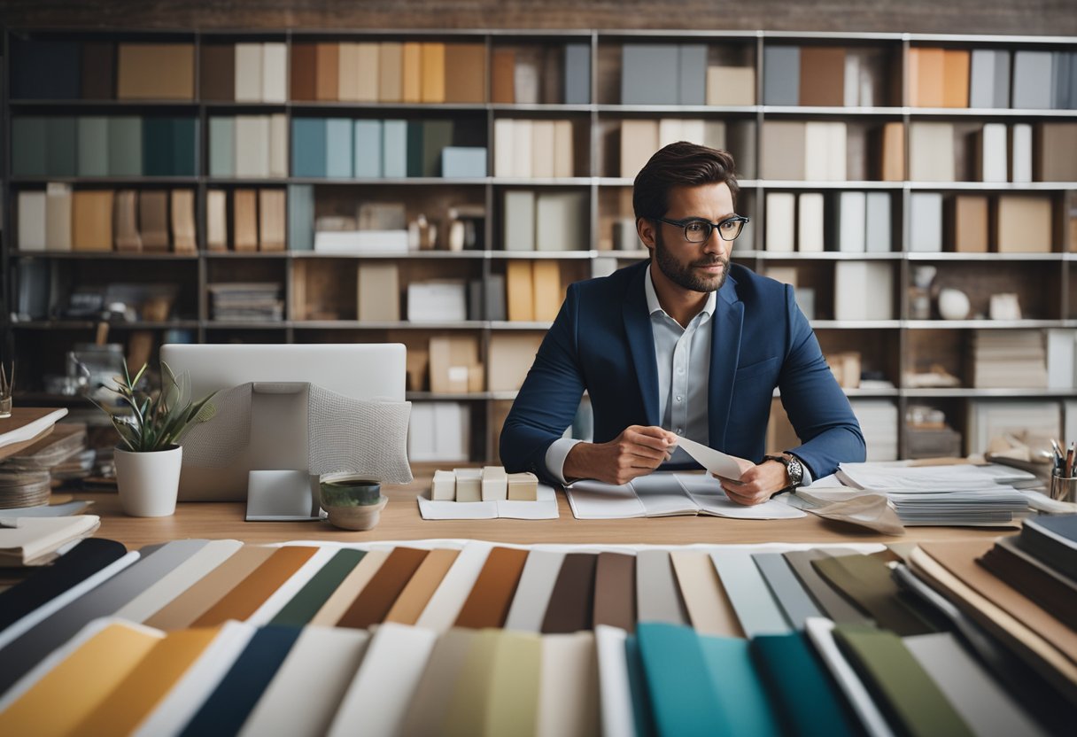 An interior designer answering questions at their desk, surrounded by fabric swatches, paint samples, and design books