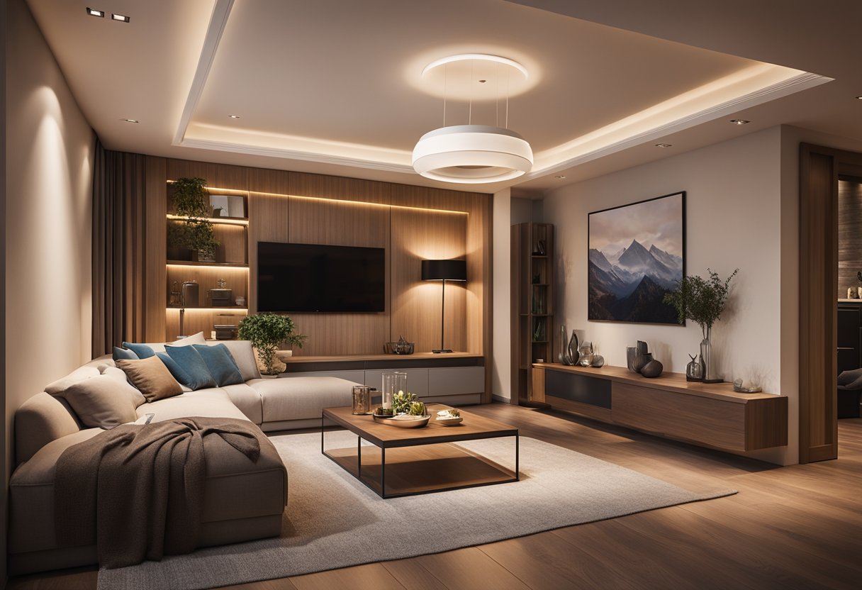 A cozy living room with warm, ambient lighting from recessed ceiling fixtures and a central pendant light. Soft, indirect light illuminates the space, casting gentle shadows on the furniture and decor