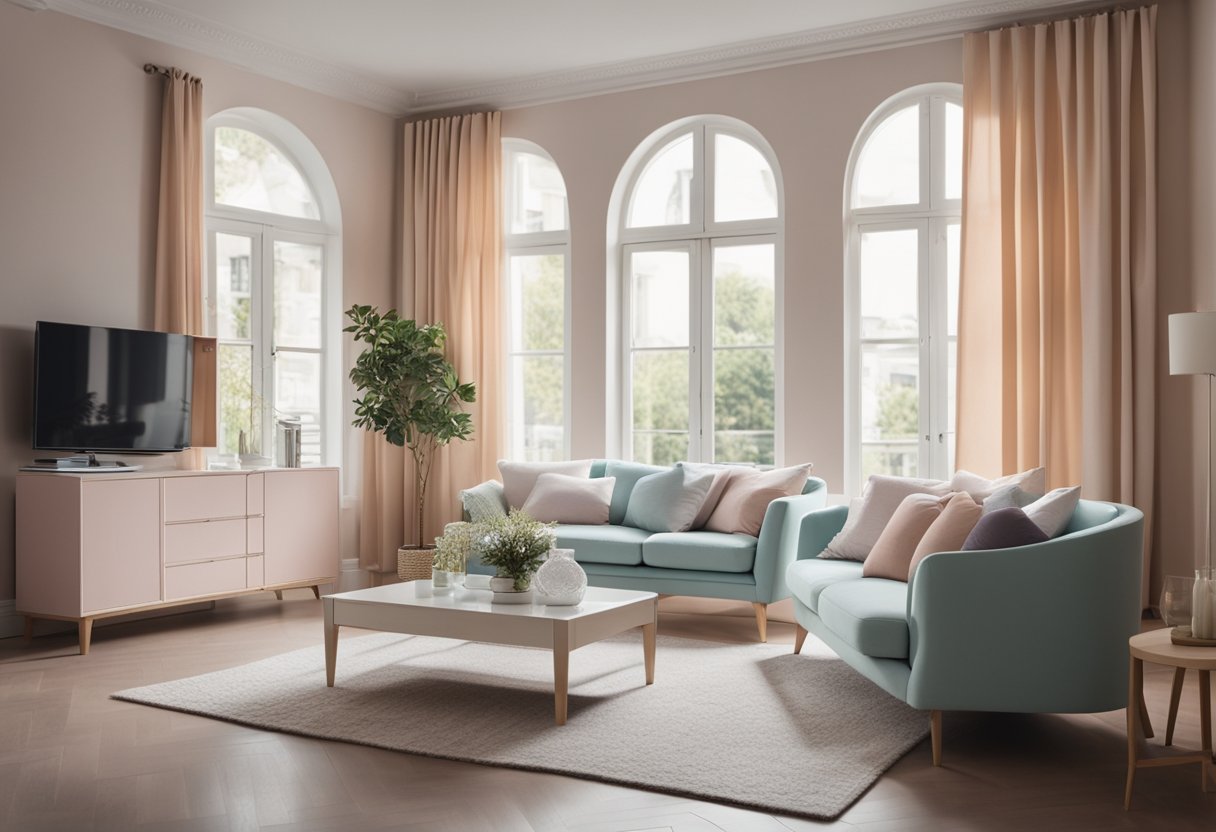 A cozy living room with pastel-colored furniture, soft cushions, and delicate curtains. The walls are adorned with light artwork, and a gentle breeze flows through the open windows